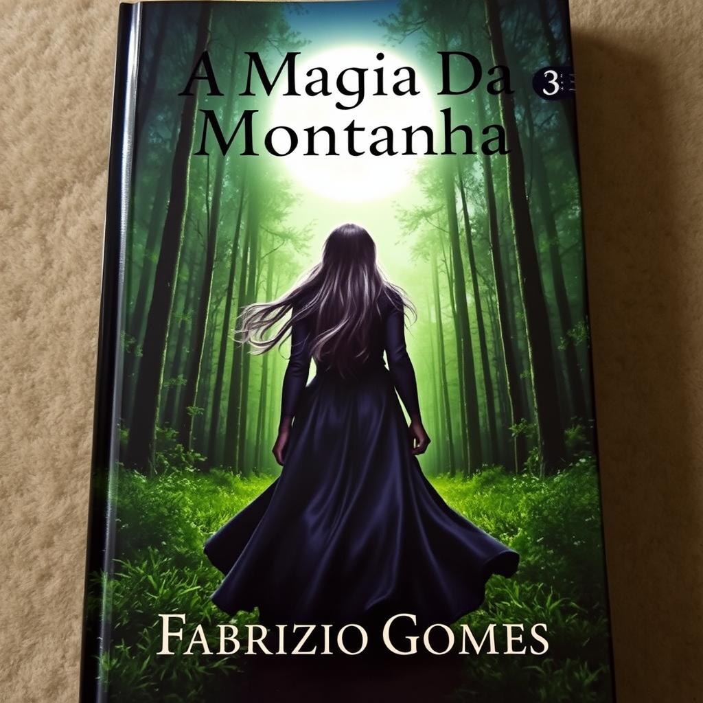 A stunning book cover featuring a mysterious witch walking away in a lush green forest at night under a bright, full moon