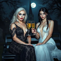 A very beautiful, attractive, stunning, curvy shapely 18-year-old girl with white hair, dressed in a tight low-cut long black lace gown