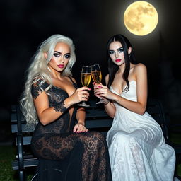 A very beautiful, attractive, stunning, curvy shapely 18-year-old girl with white hair, dressed in a tight low-cut long black lace gown