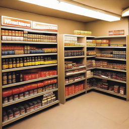 A well-organized car battery shop with rows of new batteries on shelves. The interior is illuminated with warm, inviting lighting, and there's a knowledgeable clerk behind a counter.