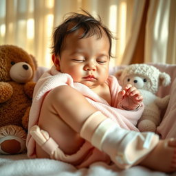 A visually striking and poignant image of a baby with a broken leg, gently wrapped in a soft pastel-colored cast