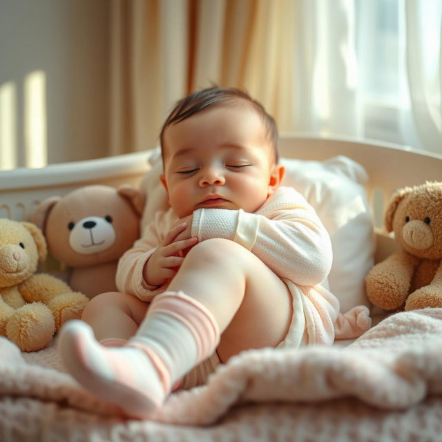 A visually striking and poignant image of a baby with a broken leg, gently wrapped in a soft pastel-colored cast