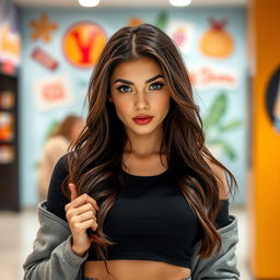 A gorgeous 25-year-old woman dressed in a chic student outfit stands directly facing the camera