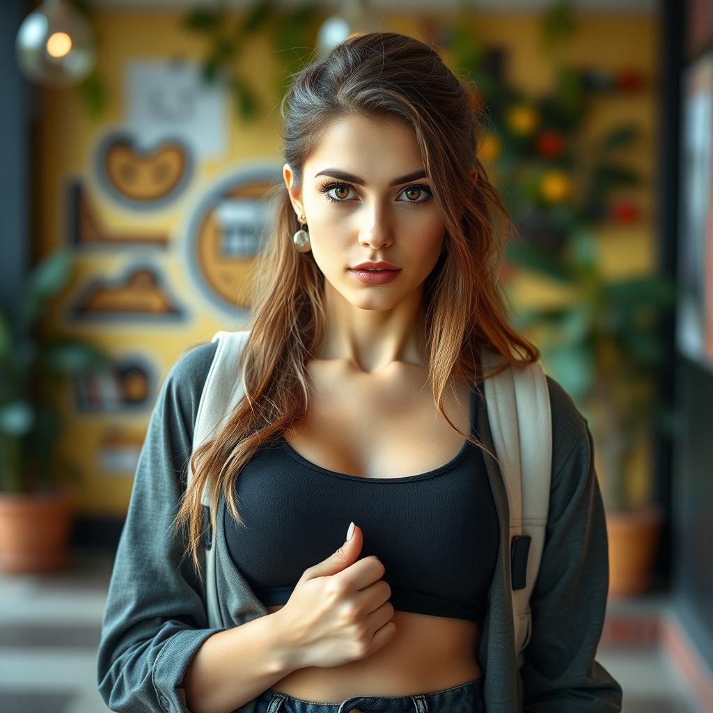 A gorgeous 25-year-old woman dressed in a chic student outfit stands directly facing the camera