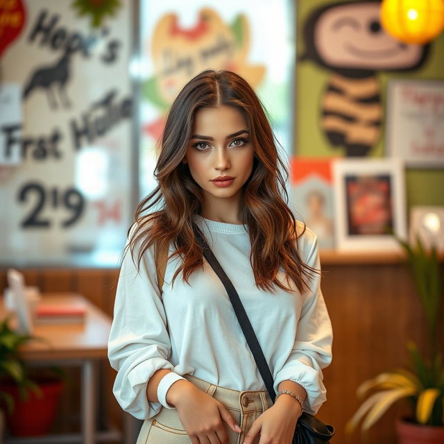 A gorgeous 25-year-old woman dressed in a chic student outfit stands directly facing the camera
