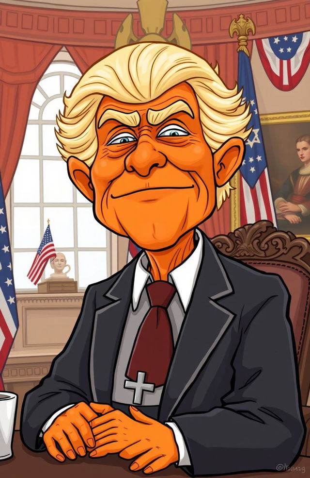 A comical illustration of a pumpkin spice themed Emperor Palpatine, portrayed as a president
