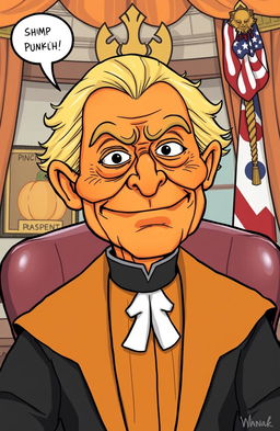 A comical illustration of a pumpkin spice themed Emperor Palpatine, portrayed as a president