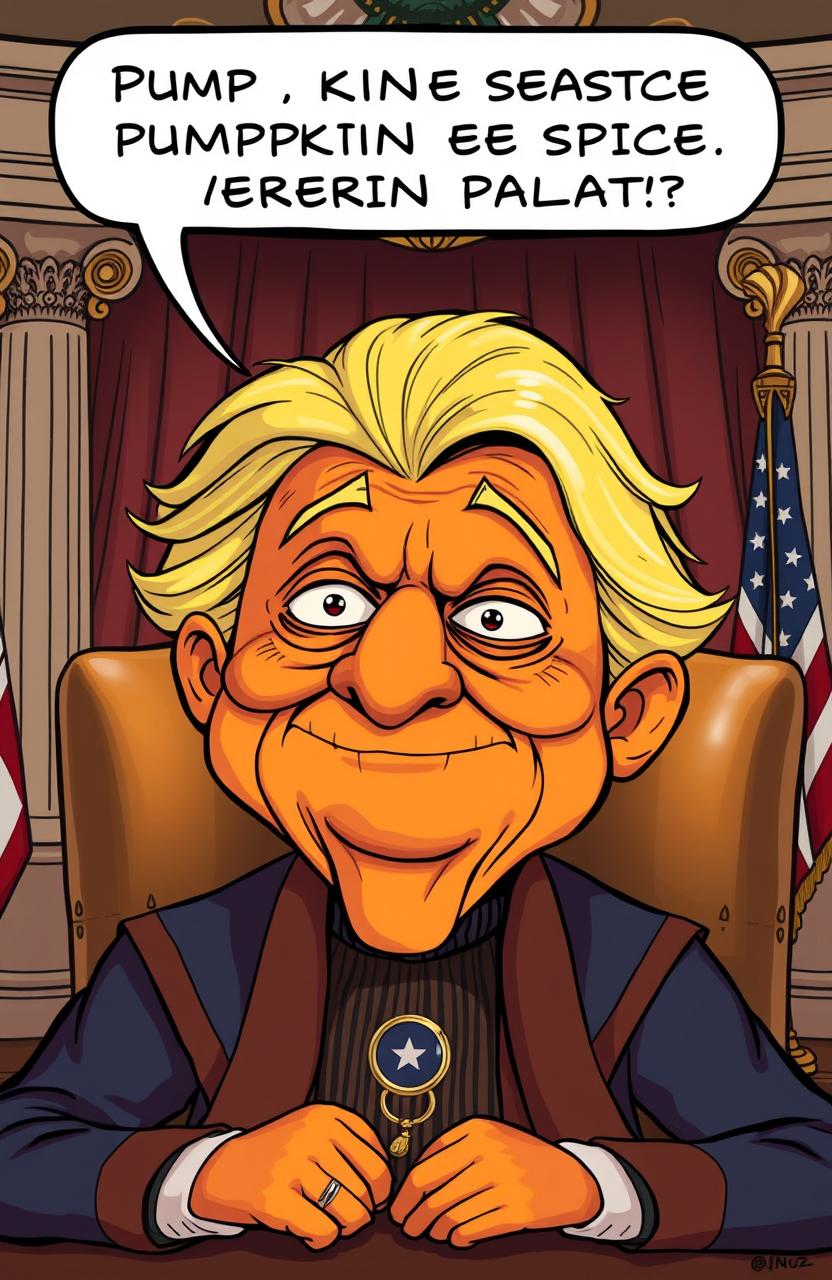 A comical illustration of a pumpkin spice themed Emperor Palpatine, portrayed as a president