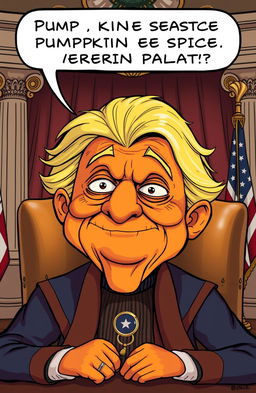 A comical illustration of a pumpkin spice themed Emperor Palpatine, portrayed as a president