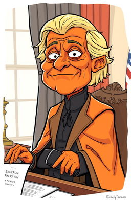 A comical illustration of a pumpkin spice themed Emperor Palpatine, portrayed as a president