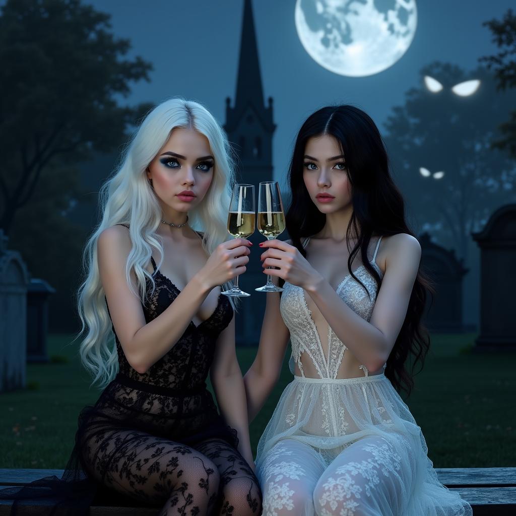 A stunning, curvy, white-haired girl, 18 years old, in a tight low-cut long black lace gown