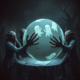 A group of terrifying figures, each with uniquely creepy features, are intensely playing with a large, eerie ball