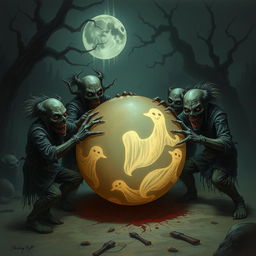A group of terrifying figures, each with uniquely creepy features, are intensely playing with a large, eerie ball