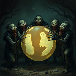 A group of terrifying figures, each with uniquely creepy features, are intensely playing with a large, eerie ball