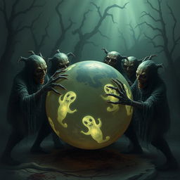 A group of terrifying figures, each with uniquely creepy features, are intensely playing with a large, eerie ball