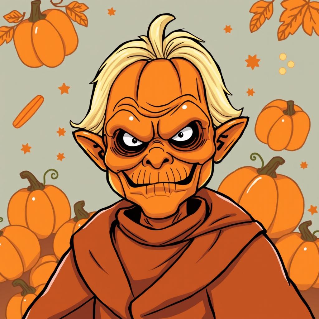 A whimsical illustration of Emperor Palpatine reimagined as a pumpkin spice character