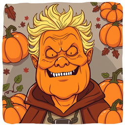 A whimsical illustration of Emperor Palpatine reimagined as a pumpkin spice character
