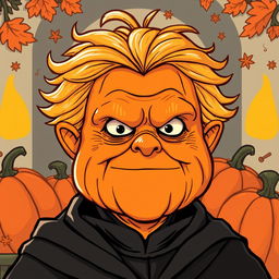 A whimsical illustration of Emperor Palpatine reimagined as a pumpkin spice character