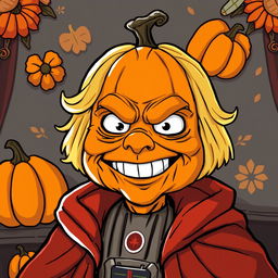 A whimsical illustration of Emperor Palpatine reimagined as a pumpkin spice character