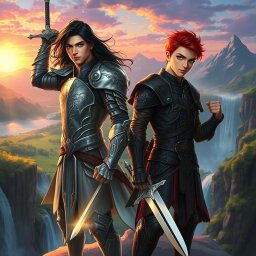 A stunning digital painting of two handsome male warriors, standing confidently on a cliff overlooking a mystical landscape