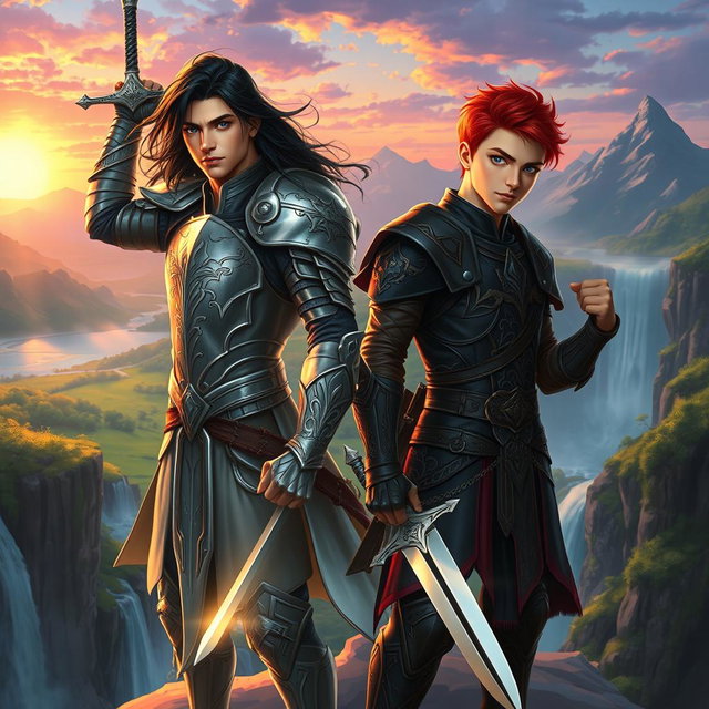 A stunning digital painting of two handsome male warriors, standing confidently on a cliff overlooking a mystical landscape