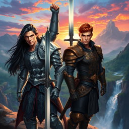 A stunning digital painting of two handsome male warriors, standing confidently on a cliff overlooking a mystical landscape