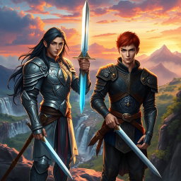 A stunning digital painting of two handsome male warriors, standing confidently on a cliff overlooking a mystical landscape