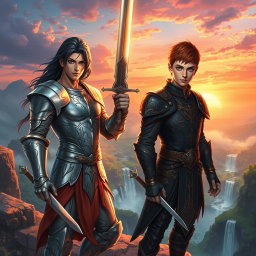 A stunning digital painting of two handsome male warriors, standing confidently on a cliff overlooking a mystical landscape
