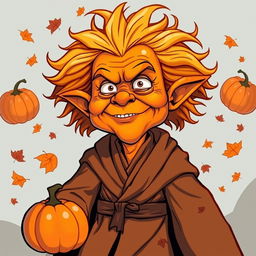 A comical, cartoonish version of Emperor Palpatine, reimagined as a pumpkin spice-themed character