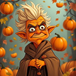 A comical, cartoonish version of Emperor Palpatine, reimagined as a pumpkin spice-themed character