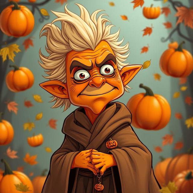 A comical, cartoonish version of Emperor Palpatine, reimagined as a pumpkin spice-themed character
