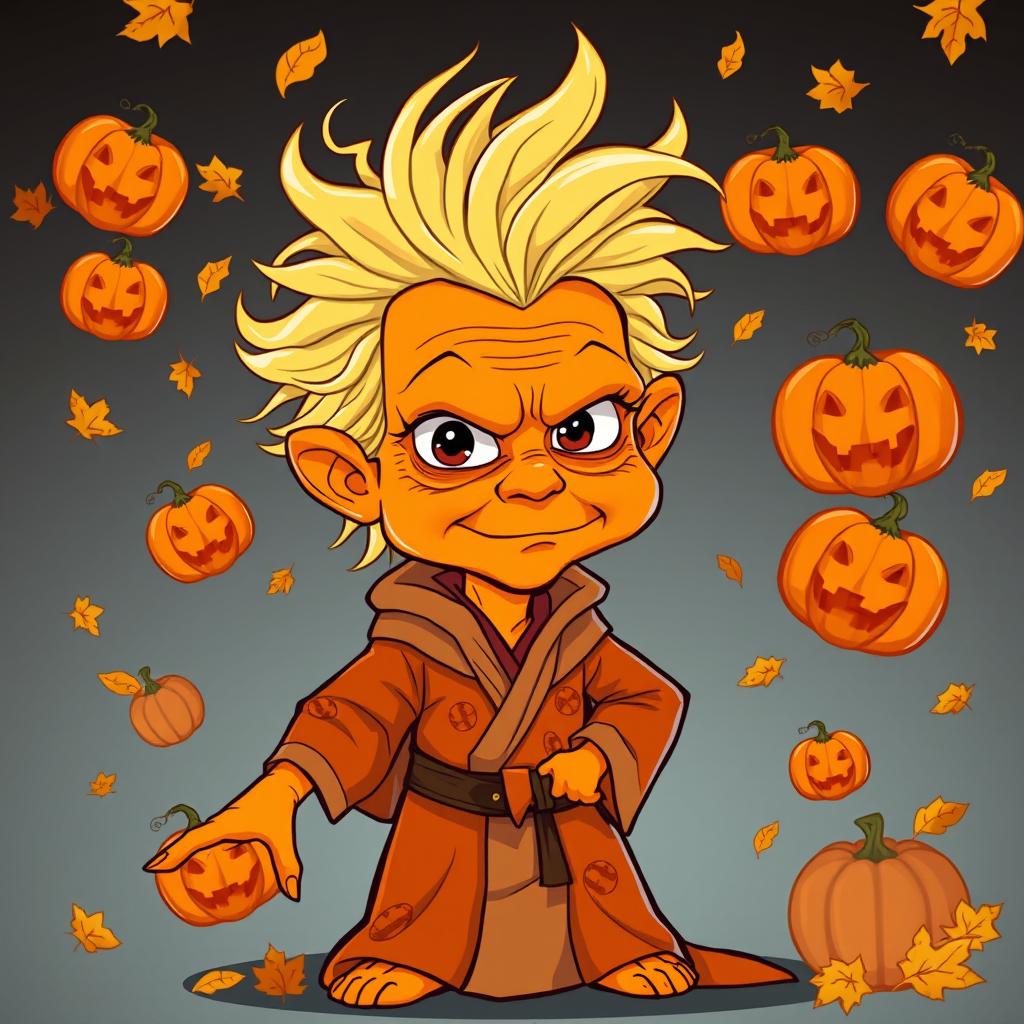 A comical, cartoonish version of Emperor Palpatine, reimagined as a pumpkin spice-themed character
