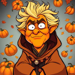 A comical, cartoonish version of Emperor Palpatine, reimagined as a pumpkin spice-themed character