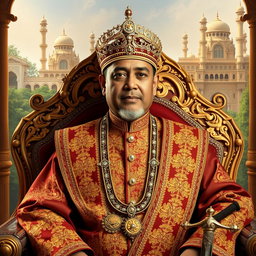 A portrait of Sultan Mughayat Syah of Aceh, adorned in traditional royal attire with intricate gold embroidery and embellishments