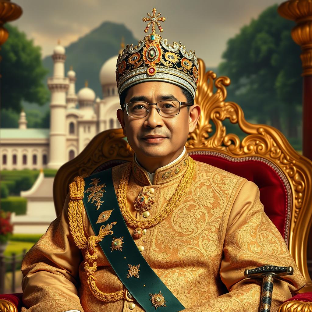 A portrait of Sultan Mughayat Syah of Aceh, adorned in traditional royal attire with intricate gold embroidery and embellishments