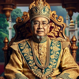A portrait of Sultan Mughayat Syah of Aceh, adorned in traditional royal attire with intricate gold embroidery and embellishments