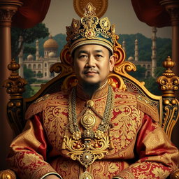 A portrait of Sultan Mughayat Syah of Aceh, adorned in traditional royal attire with intricate gold embroidery and embellishments