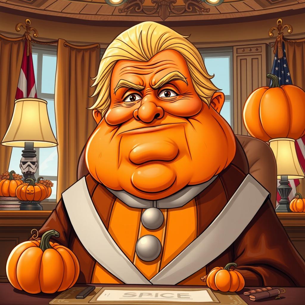 A humorous illustration of Emperor Palpatine imagined as a pumpkin spice themed president
