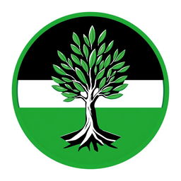A stylized version of a political symbol featuring green and black colors, incorporating a stylized olive tree and a shield