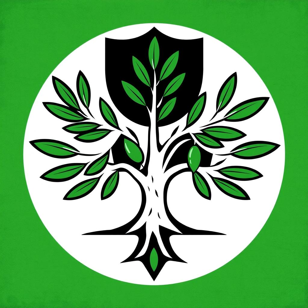 A stylized version of a political symbol featuring green and black colors, incorporating a stylized olive tree and a shield