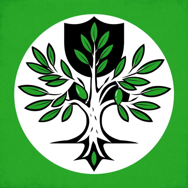 A stylized version of a political symbol featuring green and black colors, incorporating a stylized olive tree and a shield