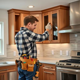 A skilled handyman carefully installing elegant wooden cabinets in a modern kitchen