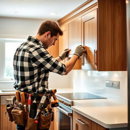 A skilled handyman carefully installing elegant wooden cabinets in a modern kitchen