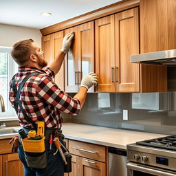 A skilled handyman carefully installing elegant wooden cabinets in a modern kitchen
