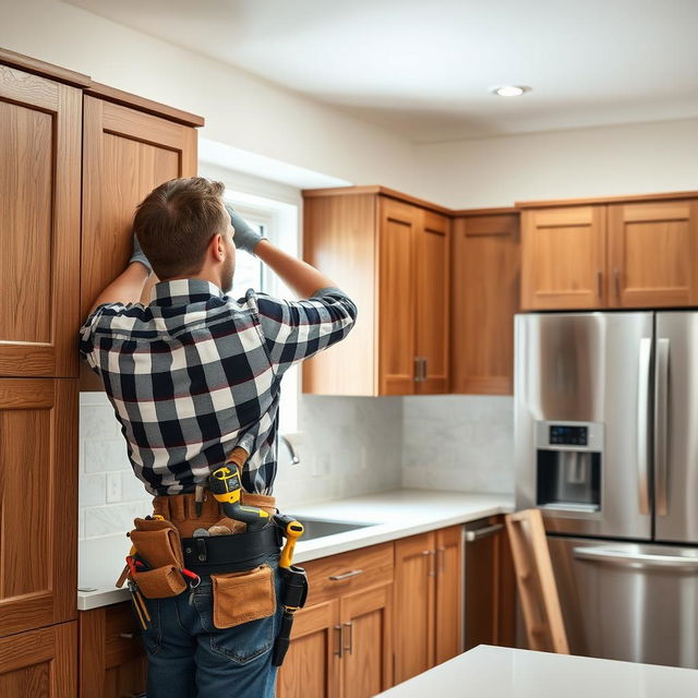 A skilled handyman carefully installing elegant wooden cabinets in a modern kitchen