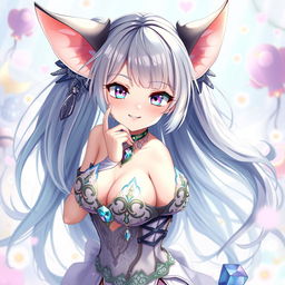 A captivating anime girl with a stunning semi-revealing outfit, featuring large expressive ears, surrounded by enchanting accessories and elements