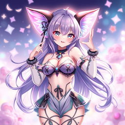 A captivating anime girl with a stunning semi-revealing outfit, featuring large expressive ears, surrounded by enchanting accessories and elements