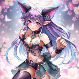 A captivating anime girl with a stunning semi-revealing outfit, featuring large expressive ears, surrounded by enchanting accessories and elements