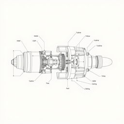 A detailed schematic diagram of a turbojet engine, showcasing all internal parts and mechanisms with precise dimensions