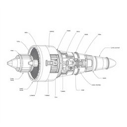A detailed schematic diagram of a turbojet engine, showcasing all internal parts and mechanisms with precise dimensions